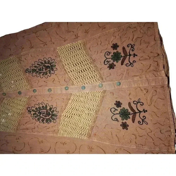 Vintage Boho Terracotta Maxi Dress with Crochet Accents and Floral Embroidered L - Picture 11 of 13